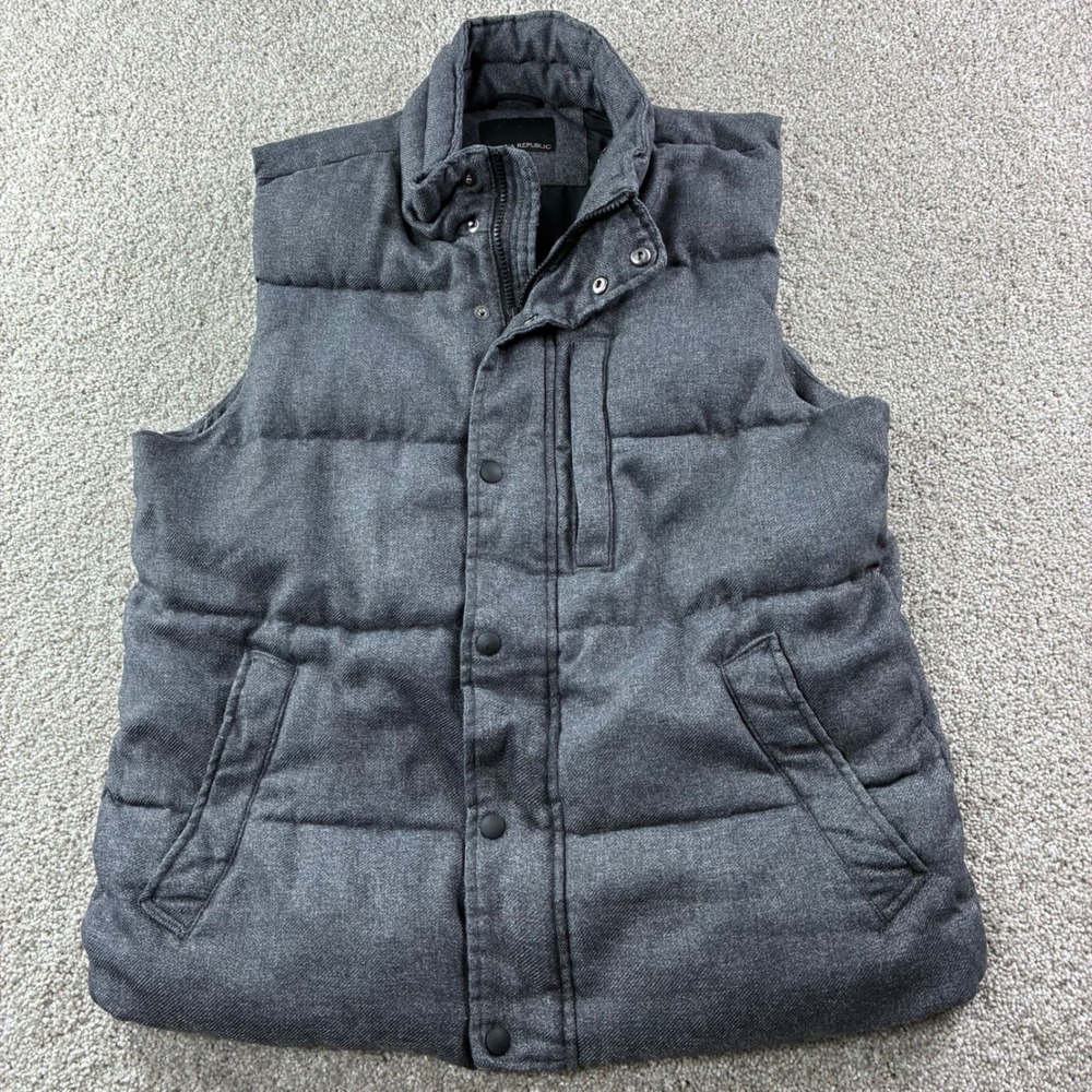 Banana Republic Mens Large Charcoal Puffer Vest Primaloft Insulation Full Zip